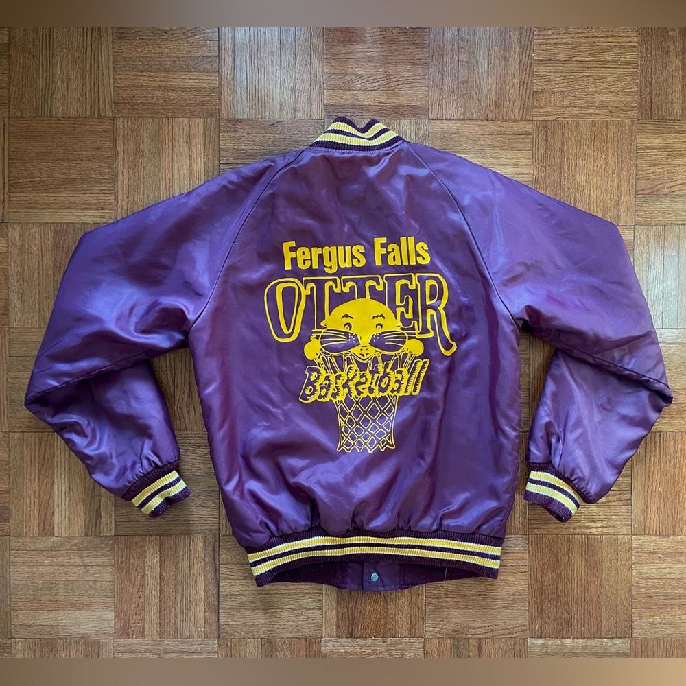 Vintage Maroon Fergus Falls Otter Basketball Bomber Varsity Jacket